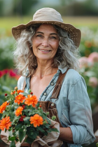 Portrait d'une femme mature heureuse avec des fleurs en plein air