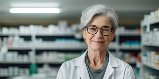 Photo portrait d'une femme mature et d'un pharmacien en magasin pour des soins de santé, des médicaments et des services médicaux confiants