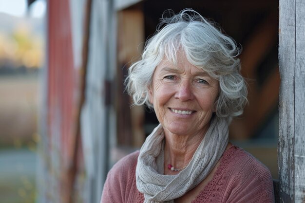 Photo portrait d'une femme mature souriante à l'extérieur d'une grange rurale