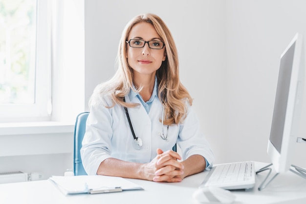 Portrait d'une femme médecin adulte assise au bureau dans une clinique de bureau