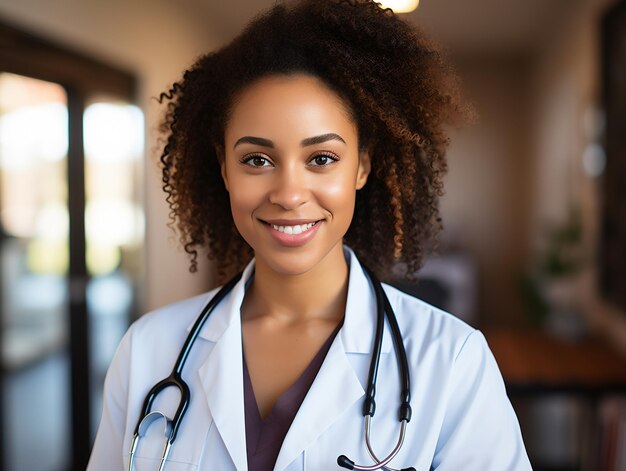 Portrait d'une femme médecin amicale en vêtements de travail avec un stéthoscope au cou