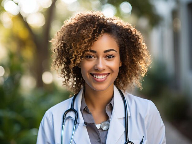 Portrait d'une femme médecin amicale en vêtements de travail avec un stéthoscope au cou