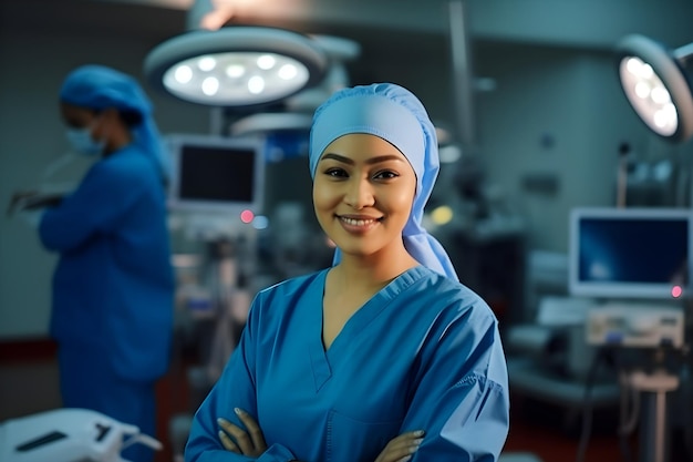 Portrait d'une femme médecin musulmane dans son costume de gommage à l'hôpital