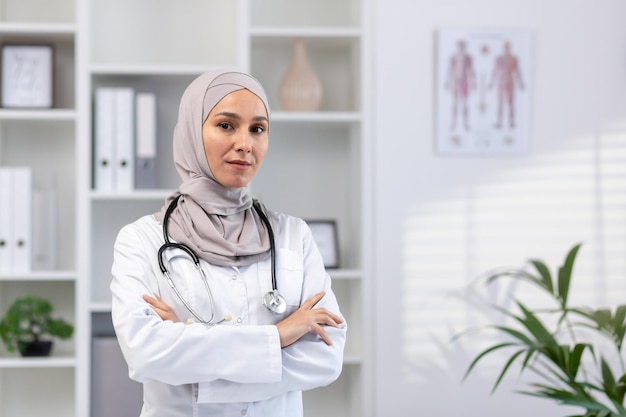 Portrait d'une femme médecin sérieuse, confiante et réussie en hijab dans un manteau médical blanc qui regarde