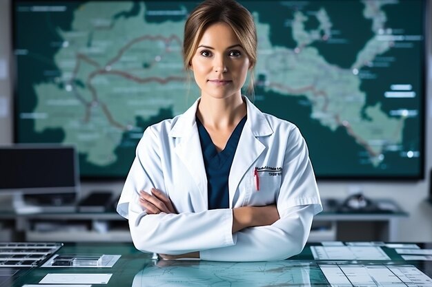 Photo portrait d'une femme médecin souriante debout devant un écran numérique