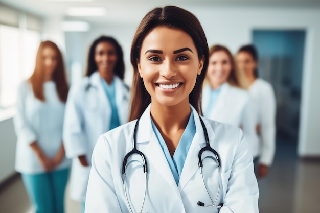 Portrait d'une femme médecin souriante debout devant son équipe Une femme médecin souriante debout avec des collègues médicaux dans un hôpital généré par l'IA