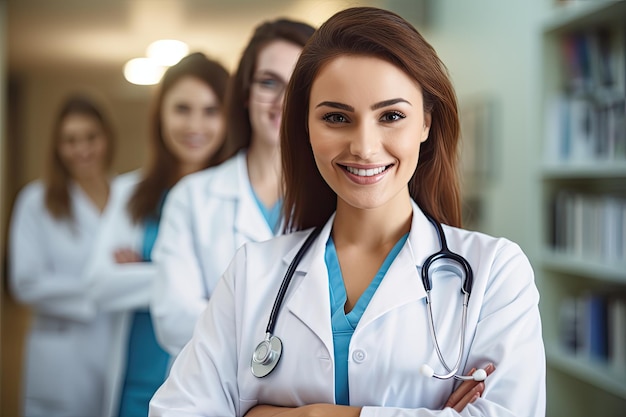 Portrait d'une femme médecin souriante avec un stéthoscope devant son équipe Une femme docteur souriante debout avec des collègues médicaux dans un hôpital généré par l'IA