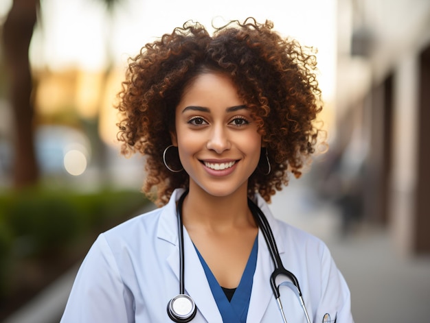 Portrait d'une femme médecin sympathique en tenue de travail avec stéthoscope sur le cou