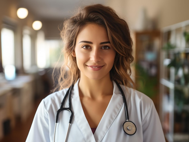 Portrait d'une femme médecin sympathique en tenue de travail avec stéthoscope sur le cou