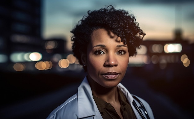 Portrait de femme et médecin en ville la nuit pour une fierté de bien-être professionnelle, confiante et sérieuse