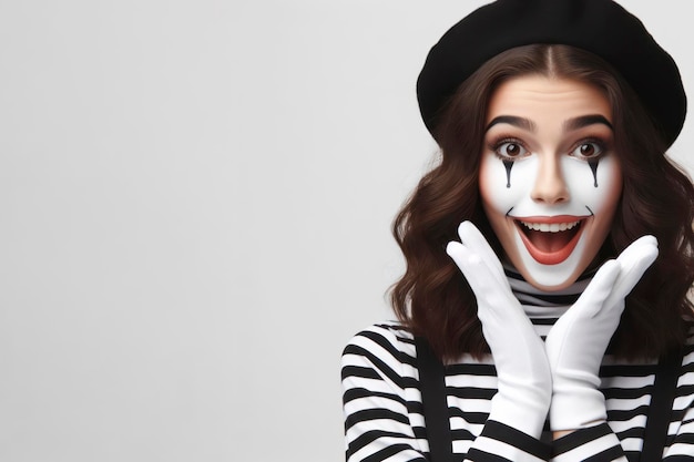 Portrait d'une femme mime heureuse copie l'espace sur fond blanc