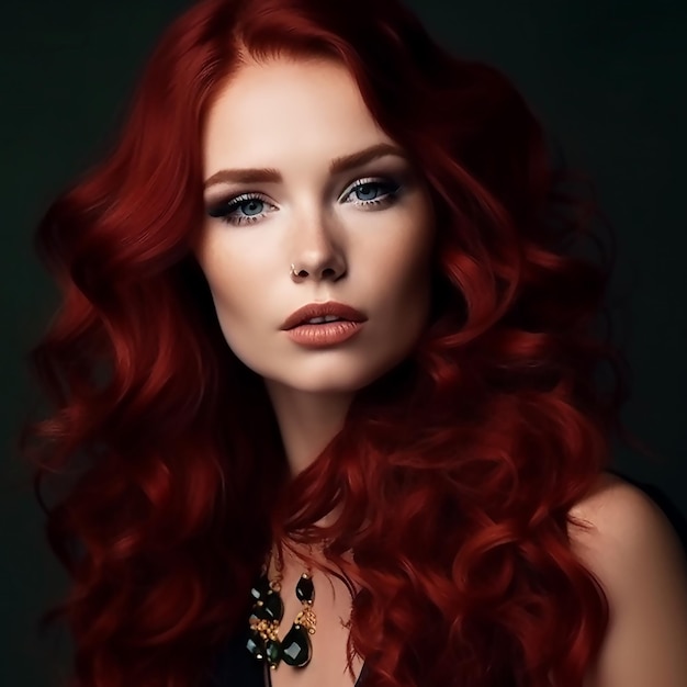 Portrait de femme à la mode Cheveux rouges longs et bouclés Maquillage de vacances Yeux fumés et rouge à lèvres rouge