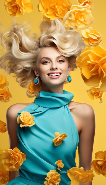 Portrait d'une femme à la mode souriante avec un bouquet de fleurs jaunes et une robe florale sur fond jaune