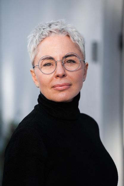 Portrait d'une femme mûre avec des cheveux gris et des lunettes Look décontracté