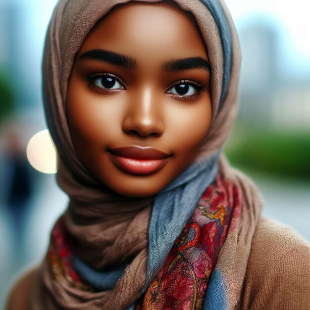 Portrait d'une femme musulmane portant un foulard sur un fond flou et défocalisé