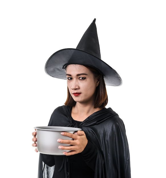 Portrait, femme, noir, effrayant, sorcière, halloween, costume, debout, chapeau