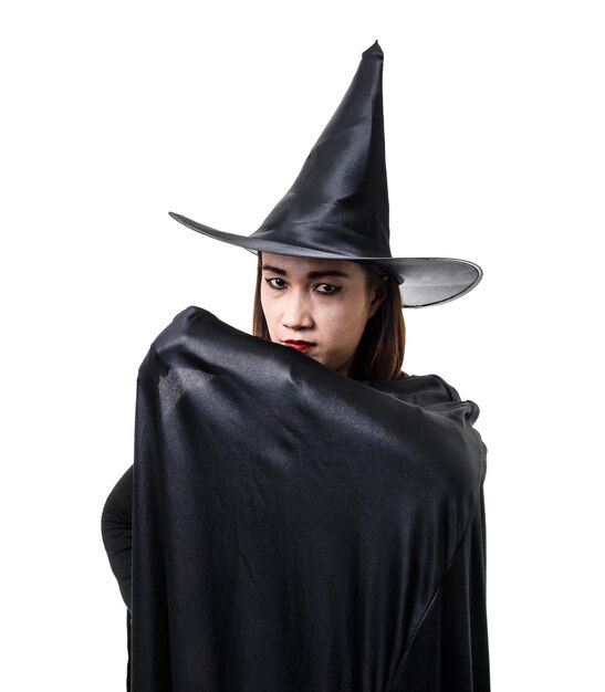 Photo portrait, femme, noir, effrayant, sorcière, halloween, costume, debout, chapeau