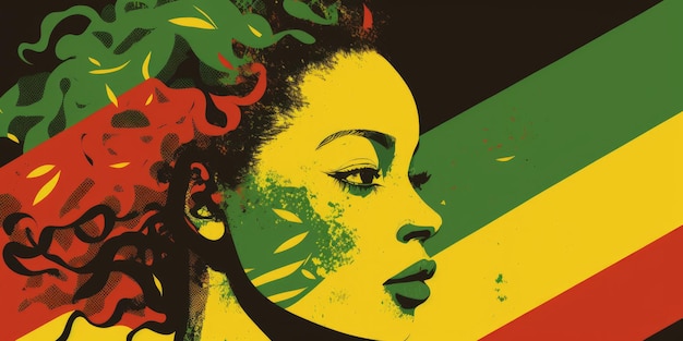 Portrait de femme noire abstraite avec le mois de l'histoire des Noirs rouge vert et jaune couleurs ai générative
