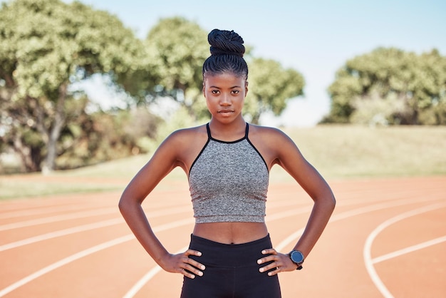 Photo portrait femme noire et athlète sur la bonne forme physique et la santé pour l'entraînement sportif et la concentration en plein air coureur afro-américaine et femme confiante pour l'exercice de bien-être et l'entraînement pour cardio