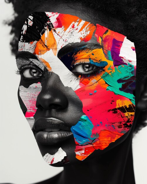 portrait d'une femme noire avec différents éléments de collage colorés sur le visage