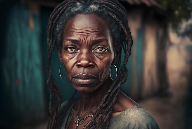 Photo portrait d'une femme noire forte et triste regardant la caméra generative ai