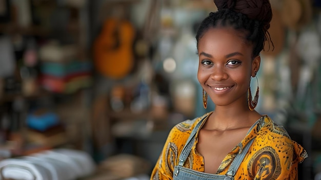 Portrait d'une femme noire heureuse créatrice de mode avec une start-up Concept Design de mode Portraits d'entrepreneuriat de femmes noires