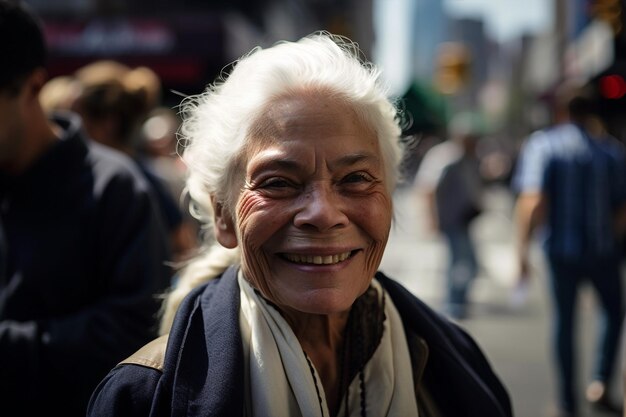Portrait de femme noire mature cheveux gris ai générative à l'extérieur regardant la caméra