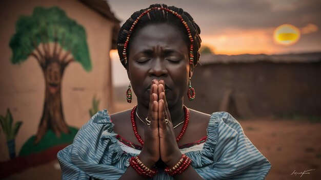 Photo portrait d'une femme noire mendiante en vêtements traditionnels pressant ses paumes ensemble en fermant les yeux