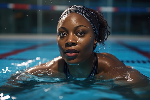 Portrait d'une femme noire nageant dans une piscine sportive