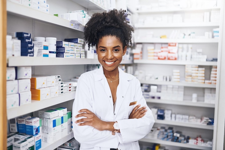 Photo portrait de femme noire et pharmacienne fière de sa clinique de soins de santé, de ses conseils médicaux et de ses services médicaux.