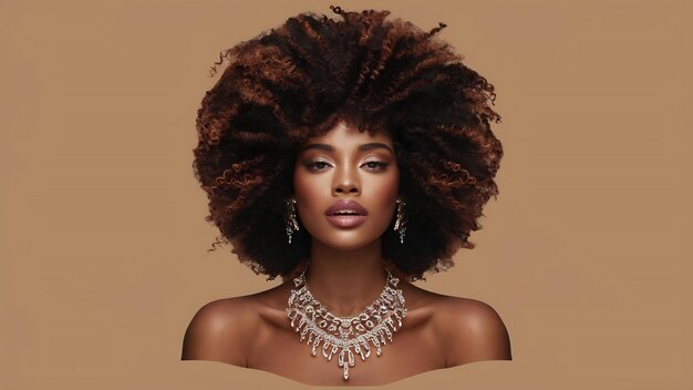 Portrait de femme noire de race mixte avec de grands cheveux afro et des cheveux bouclés sur un fond beige