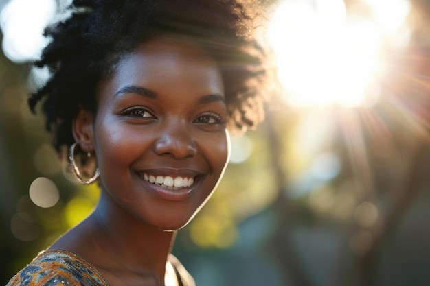 Portrait d'une femme noire souriante avec la lumière du soleil et l'espace