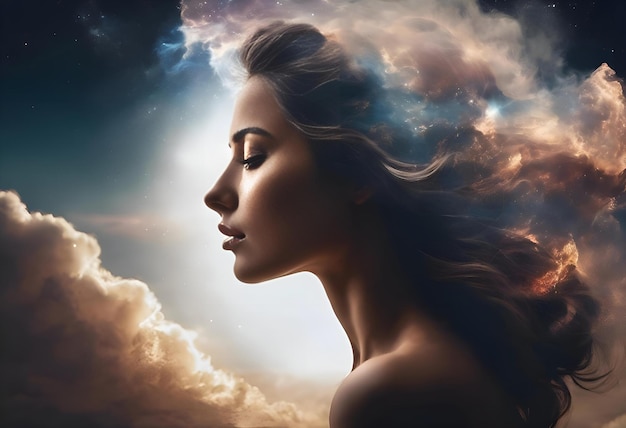 portrait d'une femme avec des nuages