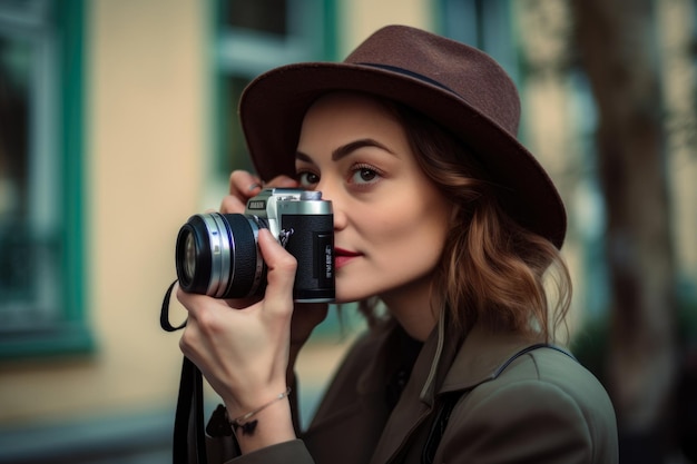 Portrait d'une femme photographe avec un appareil photo vintage et un chapeau élégant