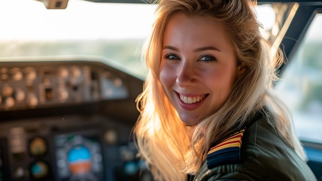 un portrait d'une femme pilote blonde souriante dans une cabine d'équipage tout en faisant son travail