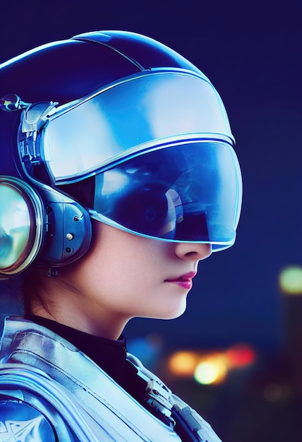 Portrait d'une femme pilote futuriste fictive dans un casque d'aviation et une combinaison de pilote