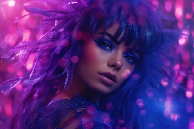 Portrait d'une femme avec des plumes aux cheveux violets dans des néons lumineux colorés