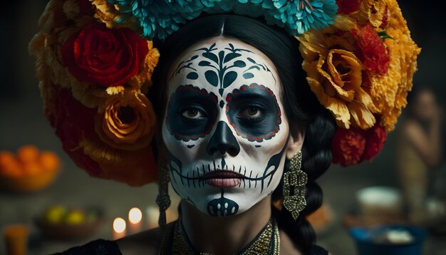 Portrait d'une femme portant de beaux costumes du jour des morts et un maquillage de crâne