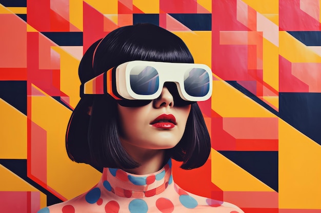 Portrait d'une femme portant un casque de réalité virtuelle avec un style d'illustration graphique moderne