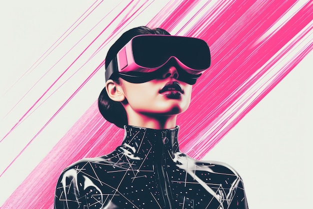 Portrait d'une femme portant un casque de réalité virtuelle avec un style d'illustration graphique moderne