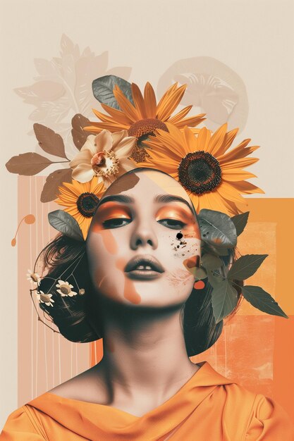 Portrait d'une femme portant un chapeau de tournesol et des ornements floraux