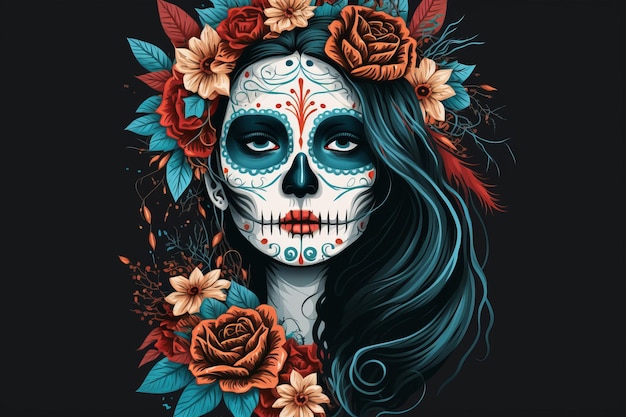 Portrait d'une femme portant le costume de crâne mexicain du jour des morts IA générative