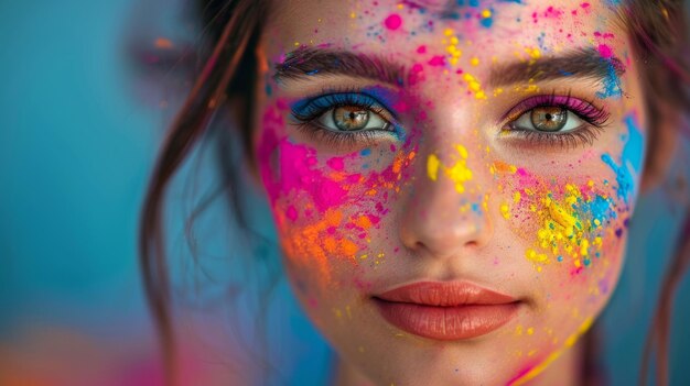 Portrait d'une femme avec de la poudre Holi colorée sur son visage maquillage artistique se concentre sur les yeux AI Génératif