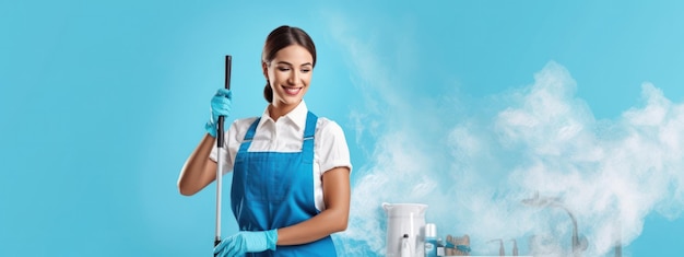 Photo portrait de femme professionnelle plus propre dans le bureau de tablier bleu et le service d'entretien ménager et de nettoyage à domicile