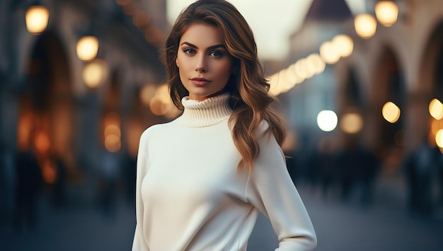 Portrait de femme en pull à col roulé blanc