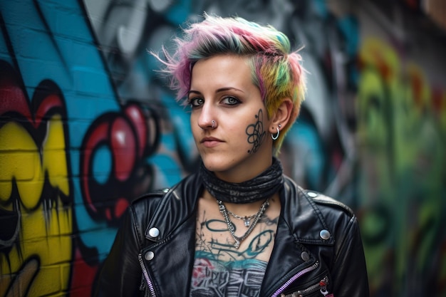 Photo portrait d'une femme punk de l'espace rebelle avec des piercings colorés et une veste en cuir