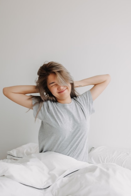 Portrait d'une femme qui se réveille et s'étire sur le lit le matin.