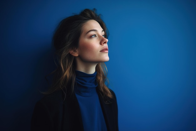 Portrait d'une femme réfléchie debout contre un mur bleu