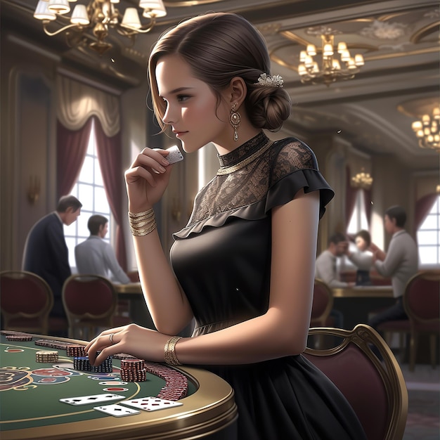 portrait d'une femme en robe blanche au casino