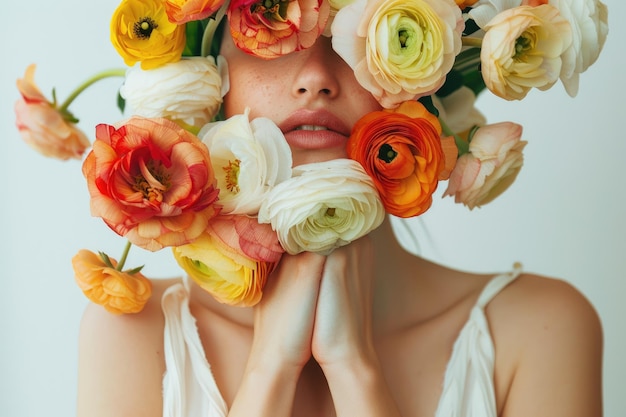 Portrait d'une femme en robe blanche avec des fleurs couvrant le visage